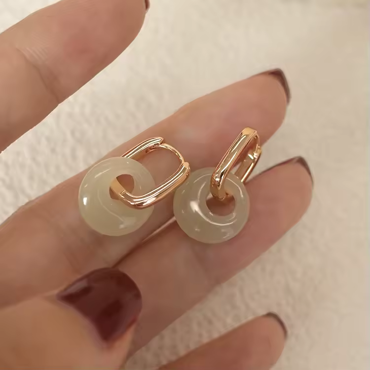Gold Hoop Earrings with Jade Donut Charms - Jewels Heaven