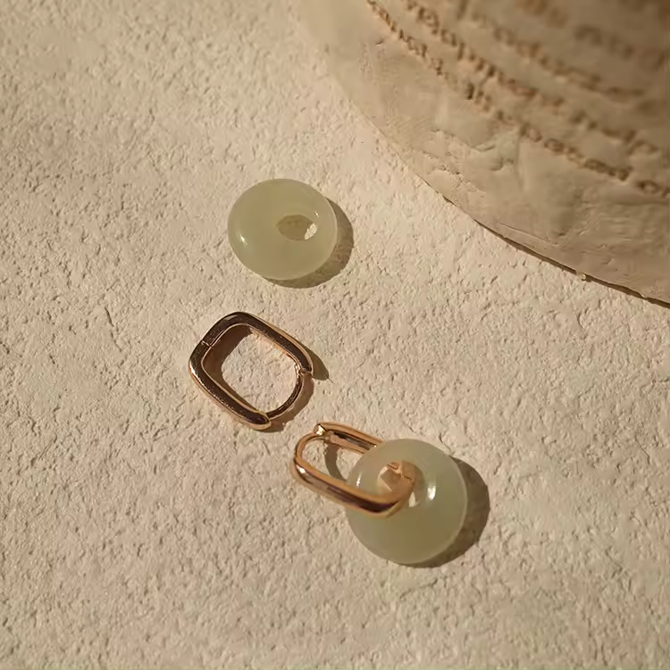 Gold Hoop Earrings with Jade Donut Charms - Jewels Heaven