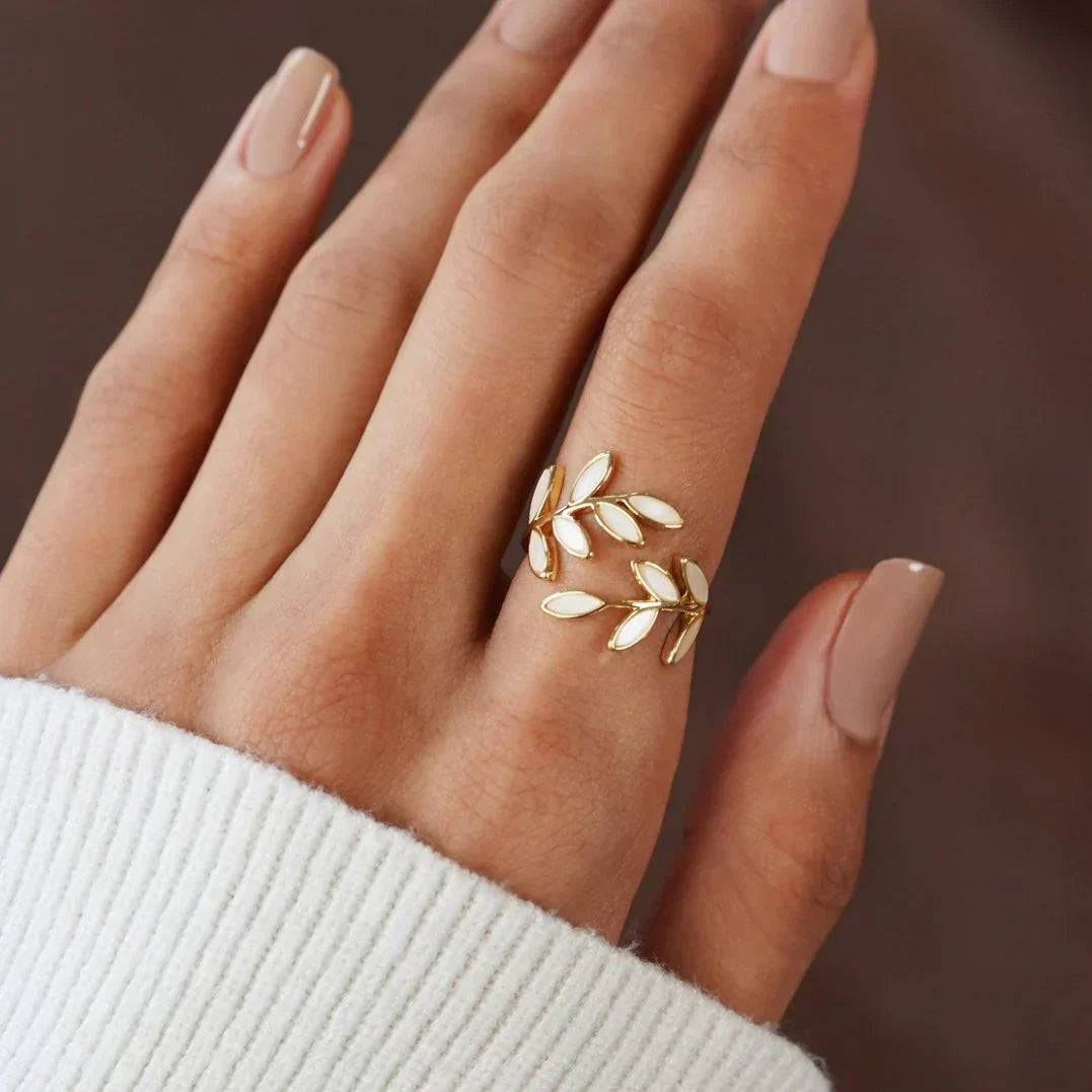 Pure - White Opal Leaf Adjustable Ring - Jewels Heaven