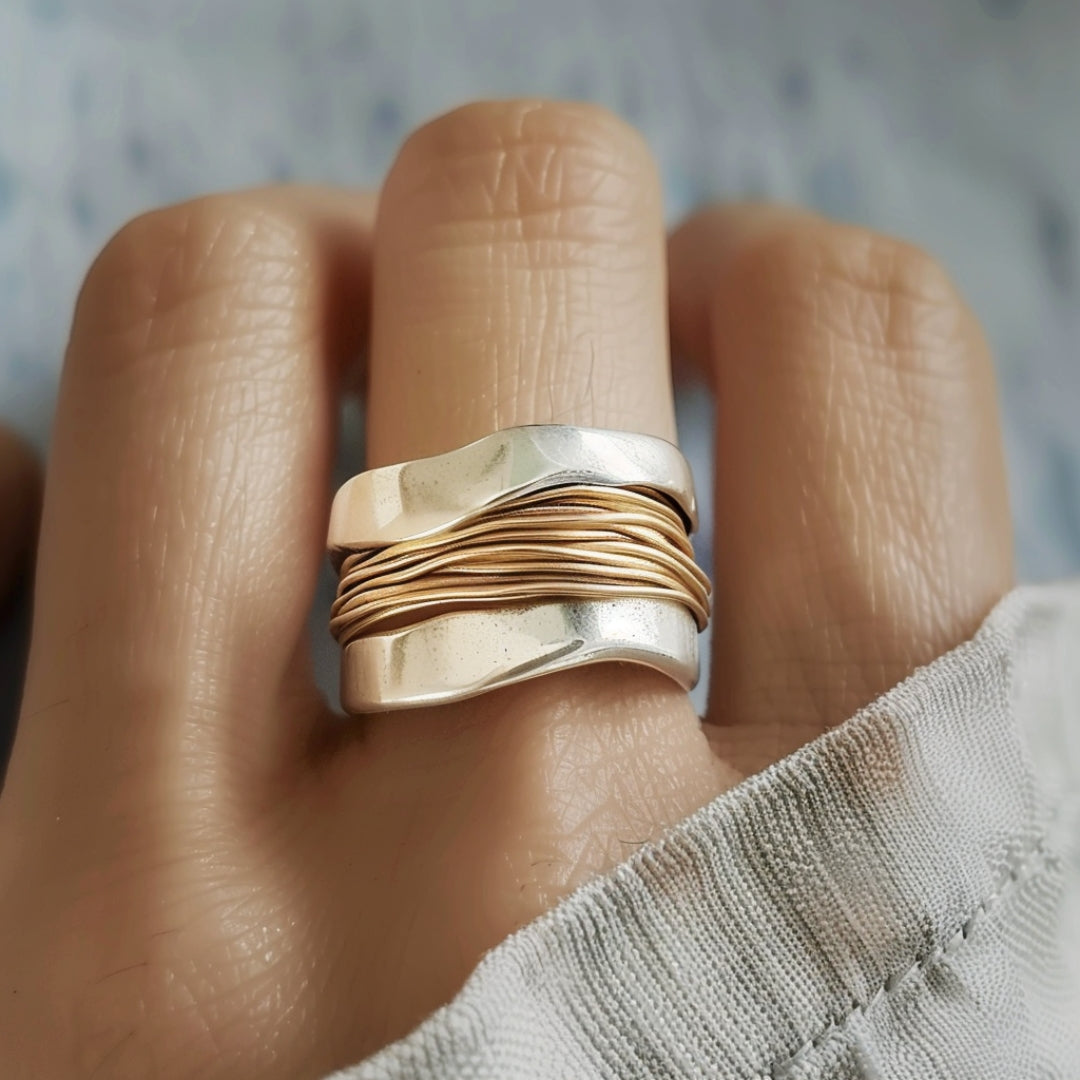 Silver Golden Threads Ring - Jewels Heaven