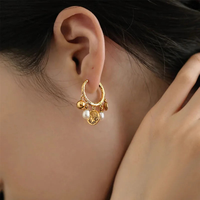 Baroque Pearl and Coin Charm Hoop Earrings - Jewels Heaven