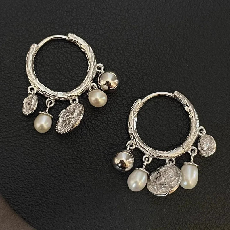 Baroque Pearl and Coin Charm Hoop Earrings - Jewels Heaven